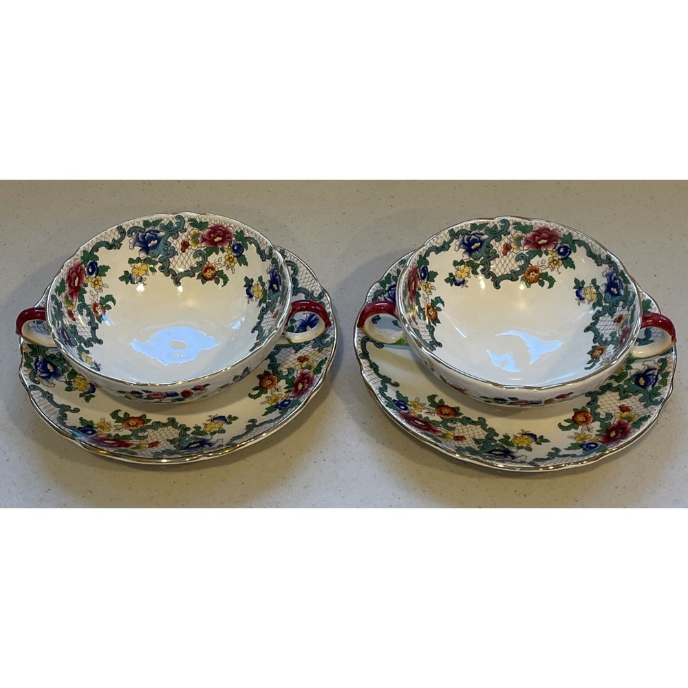 Vtg Royal Cauldon VICTORIA Soup Bowl & Saucer England Floral Scalloped Gold TWO